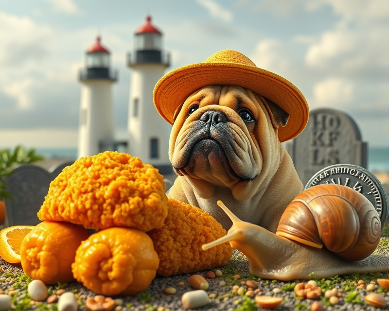 fried chicken, hat, lighthouse, orange, bulldog, chocolate, snail, tombstone, pistachio